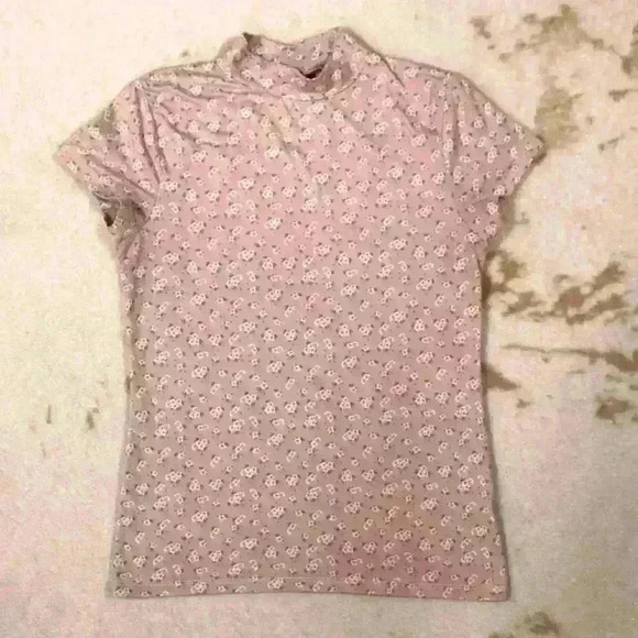COTTAGECORE Stretchy Mock Neck Short Sleeve Pink Floral Print Top Women Small - Picture 1 of 10
